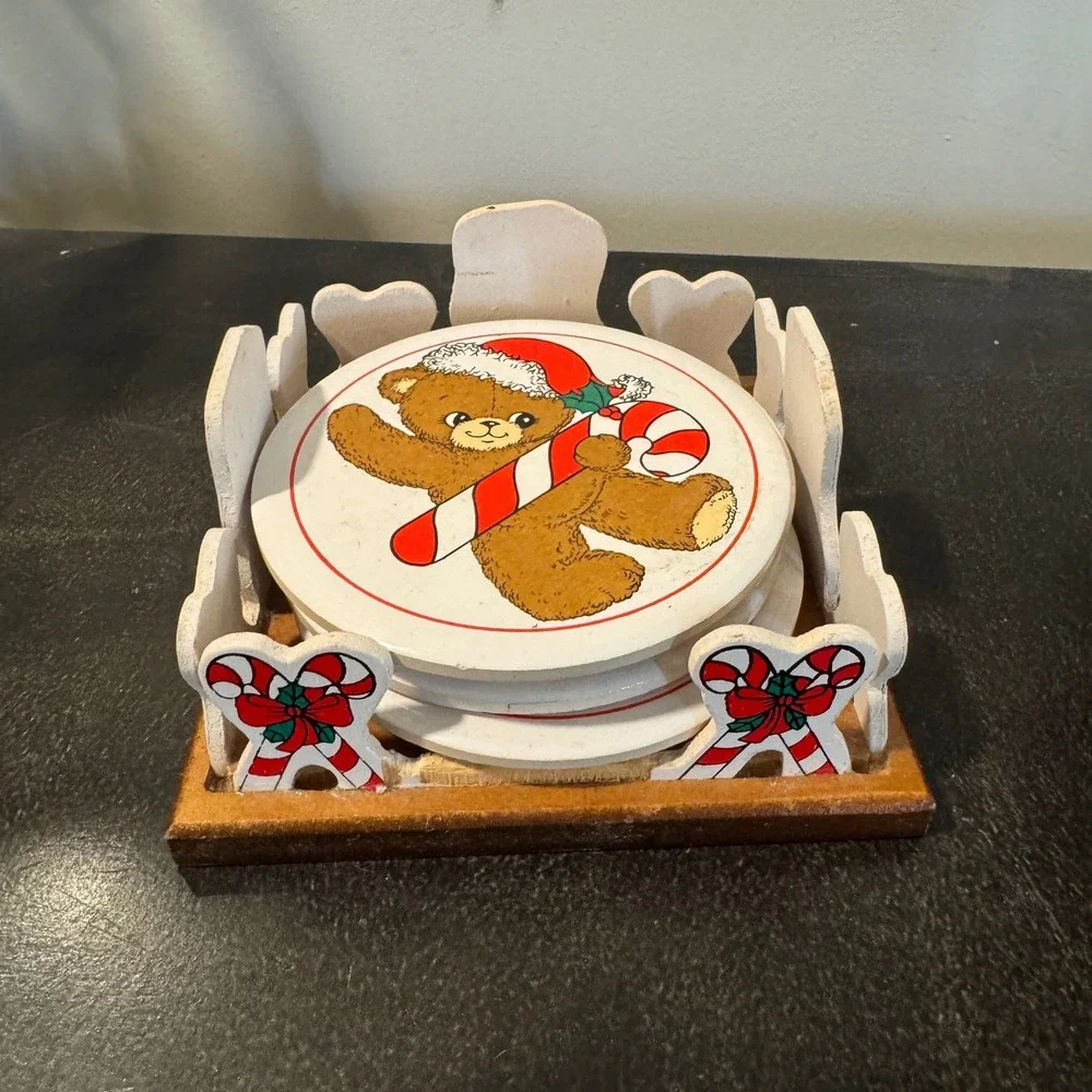 Vintage 1988 House of Lloyd Christmas Teddy Bear Coaster Set with Wood Caddy 5pc